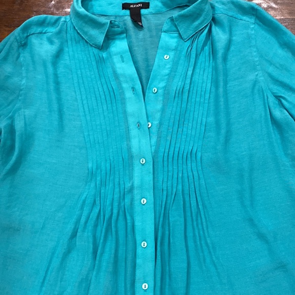 Alfani Turquoise Pleated Collared Button Down Blouse w/Quarter Sleeve Sz L - Picture 4 of 7